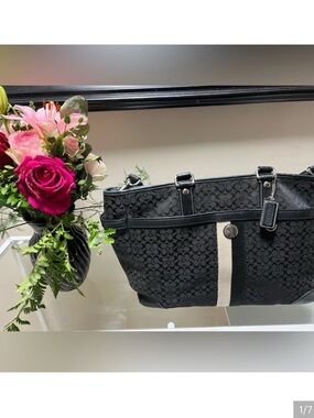 Coach Black Signature Crossbody with Cream Center Stripe